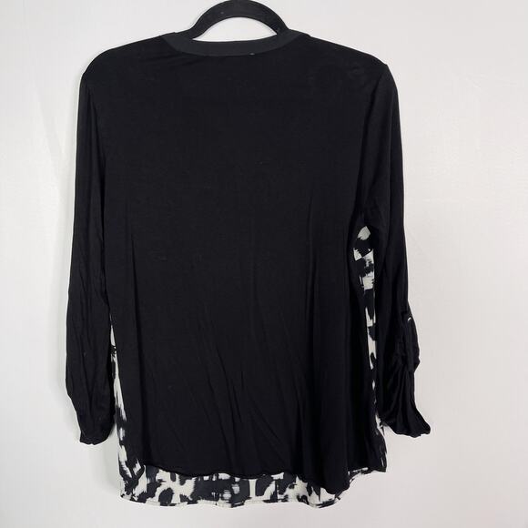 Daniel Rainn Medium M Black White Abstract Long Sleeve Printed Blouse VNeck - Picture 2 of 8